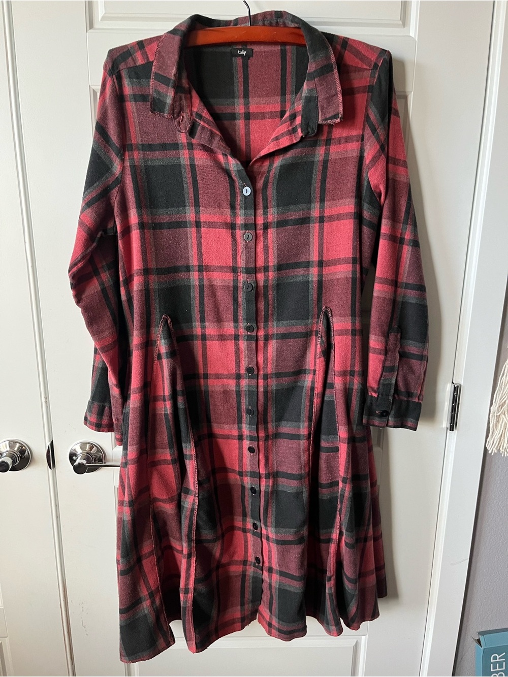 Tulip Plaid Flannel Button-Front Long Sleeve Dress in Fall Colors